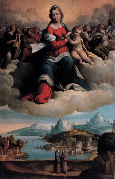 Madonna e Criança em glória com os santos Antônio de Pádua e Francisco de Benvenuto Tisi da Garofalo