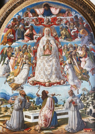 A Assunção da Virgem com Santo Tomás recebendo o cinto entre os santos Francisco de Assis e Antônio de Pádua, 1480 de Benvenuto di Giovanni