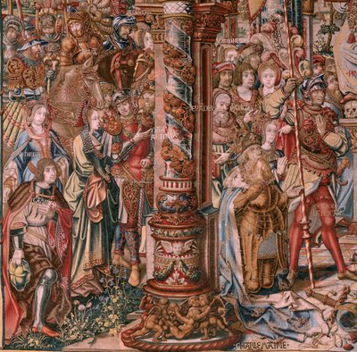 Tapeçaria flamenga. Série As Honras. A Fé (La Fe). A primeira tapeçaria da série. Modelos cartoonistas do círculo de Bernard van Orley e Jan Gossaert (Mabuse). Fabrico Pieter van Aelst, Bruxelas. Ca 1550. Tecido Ouro, prata, seda e lã. de Bernaert van (circle of) Orley