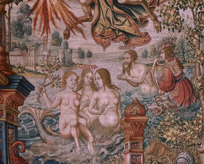 Tapeçaria flamenga. Série As Honras. A fama (La Fama). A terceira tapeçaria da série. Modelos cartoonistas do círculo de Bernard van Orley e Jan Gossaert (Mabuse). Fabrico Pieter van Aelst, Bruxelas. Ca 1550. Tecido Ouro, prata, seda e lã. de Bernaert van (circle of) Orley