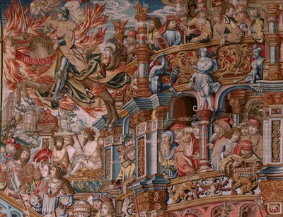 Tapeçaria flamenga. Série As Honras. A fama (La Fama). A terceira tapeçaria da série. Modelos cartoonistas do círculo de Bernard van Orley e Jan Gossaert (Mabuse). Fabrico Pieter van Aelst, Bruxelas. Ca 1550. Tecido Ouro, prata, seda e lã. de Bernaert van (circle of) Orley