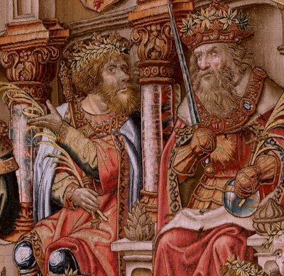 tapeçaria flamenga. Série As Honras. Honra (El Honor). Segunda tapeçaria da série. Cartunistas modelo do círculo de Bernard van Orley e Jan Gossaert (Mabuse). Fabricação Pieter van Aelst, Bruxelas. Ca 1550. Tecido Ouro, prata, seda e lã. de Bernaert van (circle of) Orley