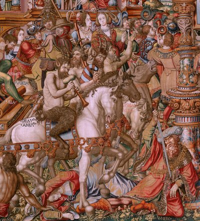 tapeçaria flamenga. Série As Honras. Infâmia (La Infâmia). Sexta tapeçaria da série. Cartunistas modelo do círculo de Bernard van Orley e Jan Gossaert (Mabuse). Fabricação Pieter van Aelst, Bruxelas. Ca 1550. Tecido Ouro, prata, seda e lã. de Bernaert van (circle of) Orley
