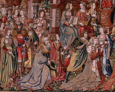 tapeçaria flamenga. Série As Honras. Justiça (La Justicia, Los Honores). Nona tapeçaria da série. Cartunistas modelo do círculo de Bernard van Orley e Jan Gossaert (Mabuse). Fabricação Pieter van Aelst, Bruxelas. Ca 1550. Tecido Ouro, prata, de Bernaert van (circle of) Orley