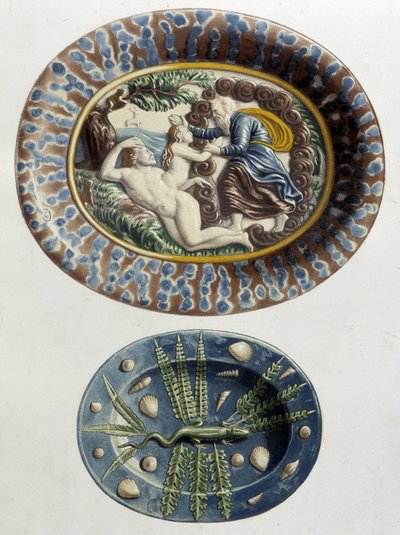 Deus cria a Eva da coxa de Adão; Lagarto - Pratos de cerâmica, em "A obra de Bernard Palissy" de C. Delange e C. Borneman, Paris de Bernard (after) Palissy