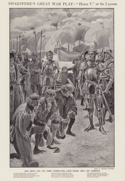 Cena de uma produção de Henry V, de Shakespeare, no Lyceum Theatre, Londres (litho) de Bernard (after) Partridge