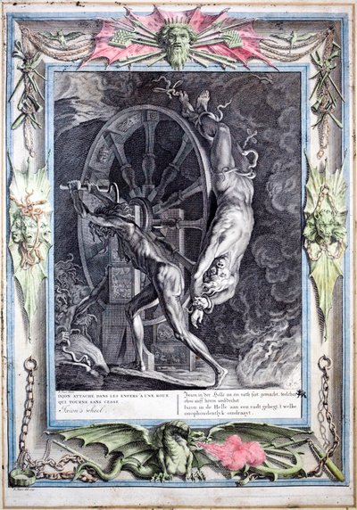 Ixion ligado à roda de fogo eternamente giratória (gravura colorida) de Bernard (after) Picart