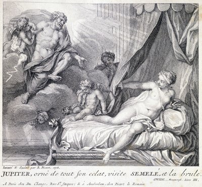 Júpiter (Zeus) queima Semele com seu relâmpago. Gravura do século XVIII após o desenho de B. Picart feito em 1708. de Bernard (after) Picart