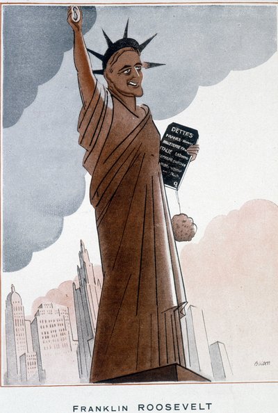 Desenho animado de Franklin Roosevelt na Estátua da Liberdade - Ilustração de Bernard Becan (Bernhard Kahn) (1890-1943) Em "Fantasio" de 01/12/1932 de Bernard Becan