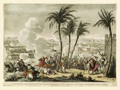 Napoleão derrotando os mamelucos na Batalha das Pirâmides, perto do Cairo, gravada por George Cruikshank (1769-1823), pub. 1823 (gravura colorida à mão) de Bernard Edouard Swebach