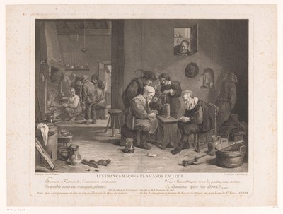 Interior da pousada com figuras de jogo de cartas Les Francs Maçons Flamands en Loge (título no objeto) de Bernard François Lépicié