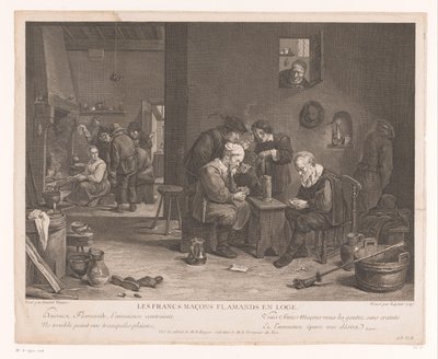 Interior da pousada com figuras de jogo de cartas Les Francs Maçons Flamands en Loge (título no objeto) de Bernard François Lépicié