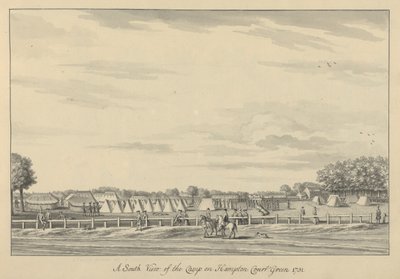 Vista sul do acampamento em Hampton Court Green 1731, 1731-33 (caneta e tinta preta e lavagem sobre papel) de Bernard III Lens