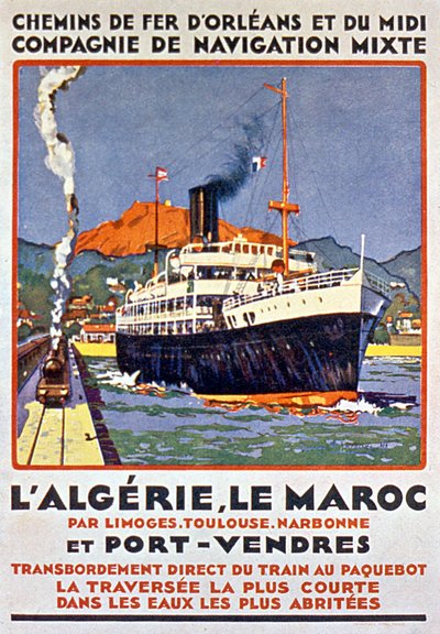 Cartaz publicitário do caminho de ferro francês que vai para a Argélia e Marrocos a partir de França via Limoges, Toulouse, Narbonne e Port Vendres, c. 1900 de Bernard Lachevre