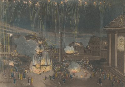 Uma descrição perfeita do fogo de artifício em Covent Garden que foi realizado na Carga de..., 1809. de Bernard Lens