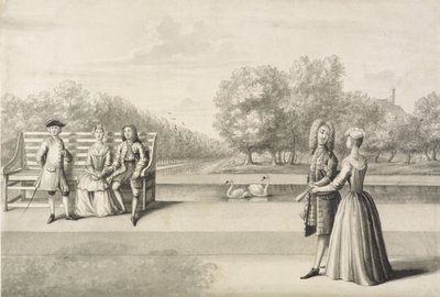 Figuras na margem do Long Water, Hampton Court Palace (lavagem cinza com caneta e tinta sobre lápis sobre papel) de Bernard Lens