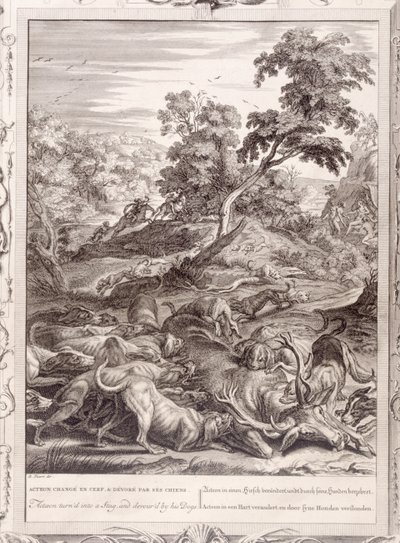 Actaeon se transformou em um veado e devorado por seus cães, 1731 de Bernard Picart