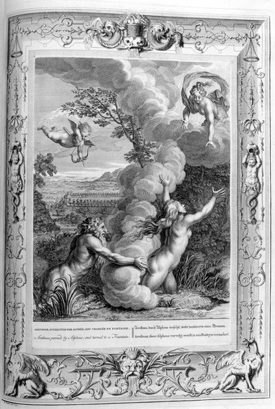 Arethusa perseguida por Alpheus e se transformou em uma fonte, 1733 de Bernard Picart