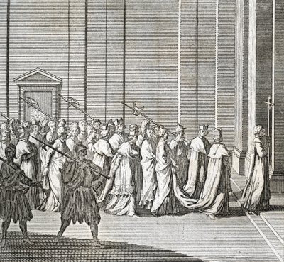Diferentes etapas do conclave, encontro de cardeais para a eleição de um novo papa: a entrada dos cardeais na capela Sistina (Vaticano: entrada dos cardeais) Gravura da "Ilustração de cerimónias e costumes religiosos de todos os povos de Bernard Picart