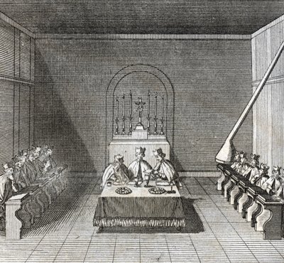 Diferentes etapas do conclave, reunião dos cardeais para a eleição do novo papa: a eleição do novo papa durante o conclave na capela Sistina, Vaticano: cédulas dos cardeais para a eleição do papa) Gravura de "Illustr de Bernard Picart