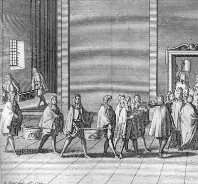 Diferentes etapas do conclave, reunião dos cardeais para a eleição de um novo papa: as rações são feitas durante o conclave (Vaticano: chegada dos alimentos durante o conclave) Gravação a partir da "Ilustração de cerimónias religiosas e costumes de todos o de Bernard Picart