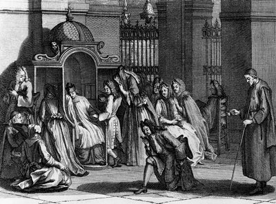 Fiel espera diante do confessionário, gravada por Bernard Picart (1673-1733) em Cerimônias Religiosas e Costumes de Todos os Povos do Mundo de Bernard Picart