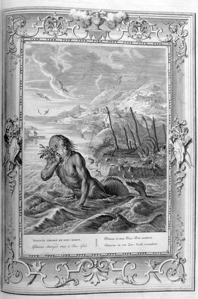 Glaucus transforma-se do homem em deus do mar (gravura) de Bernard Picart