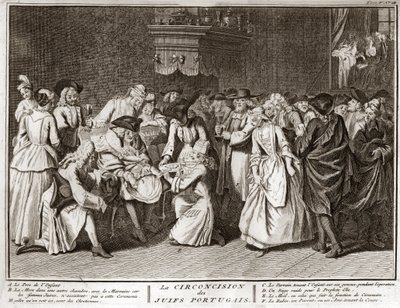 Judaísmo: cerimónia de circuncisão na comunidade judaica portuguesa Gravura de "Illustration de ceremonies et customs religieuses de tous les peuples du monde" de Bernard Picart (1723-1743) 1819 Colecção privada de Bernard Picart