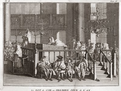 Judaísmo: o som da buzina no primeiro dia do ano ((som do schofar a Rosch ha-schana) (Festival de Ano Novo Judaico: Sopro da buzina do shofar em Rosh Hashana) Gravura da "Ilustração de cerimônias e costumes religiosos de todos os povos de Bernard Picart