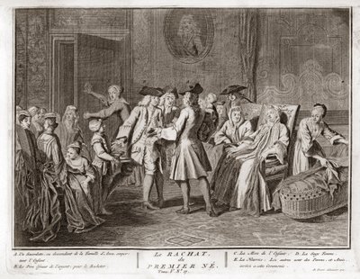 Judaísmo: a tradição da redenção do primogênito, um mitzvah no judaísmo em que um filho primogênito judeu é redimido pelo uso de moedas de prata de seu estado de santidade) Gravura de "Illustration de ceremonies et customs religieuses de to de Bernard Picart