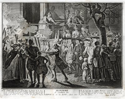 Judaísmo: a forma de conduzir os esposos do lar da Lei - uma representação da procissão pela qual a comunidade honrou, na festa de Simhat Torah, aqueles que tinham sido escolhidos, um para abençoar a leitura da última passagem da Torah e o outro t de Bernard Picart