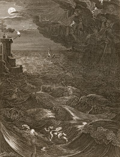 Leander nada sobre o Helesponto para encontrar seu herói amante, 1730 de Bernard Picart