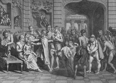 O cabelo é cortado e um nome é dado aos filhos de LYncas, 1723. de Bernard Picart