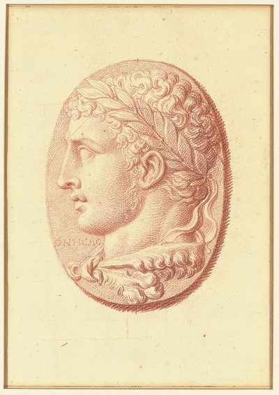 Um de quatro estudos após os cameos, três com retratos de perfil clássico e um com um relevo fragmentado de Cupido e dois leões a desenhar uma carruagem (giz vermelho sobre papel) de Bernard Picart