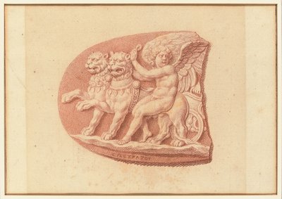 Um de quatro estudos após os cameos, três com retratos de perfil clássico e um com um relevo fragmentado de Cupido e dois leões a desenhar uma carruagem (giz vermelho sobre papel) de Bernard Picart