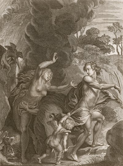 Orfeu, liderando Eurydice do inferno, olha para trás e perde a eternidade, 1731 de Bernard Picart