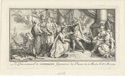 Pedro, o Grande, coroa sua esposa Catarina I como Imperatriz, 1726 de Bernard Picart