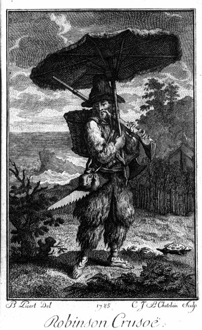 Representação de Robinson Crusoe na sua ilha deserta. Gravura de Bernard Picart (1673-1733) ilustrando o romance de Daniel Defoe ou De Foe (1660-1731) de Bernard Picart