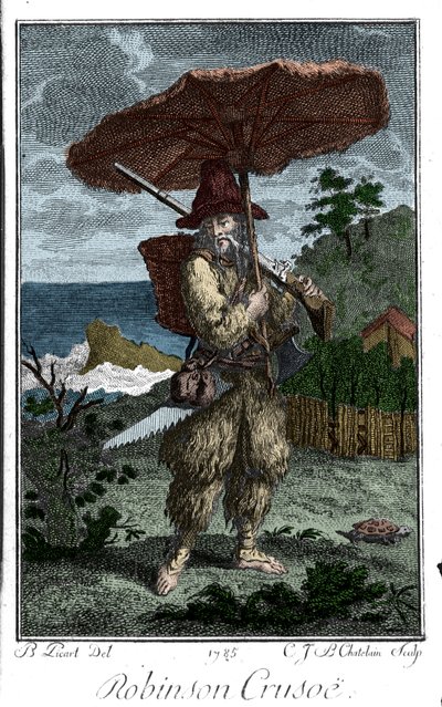 Representação de Robinson Crusoe na sua ilha deserta. Gravura de Bernard Picart (1673-1733) ilustrando o romance de Daniel Defoe ou De Foe (1660-1731) de Bernard Picart