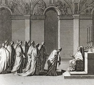 Inauguração solene do Pontificado: "A Adoração do Papa na Capela Sistina" (Inauguração Papal: Adoração do Papa na Capela Sistina) Gravura da "Ilustração de Cerimônias e Costumes Religiosos de Todos os Povos do Mundo". de Bernard Picart