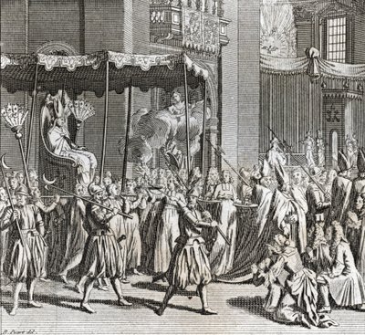 Inauguração solene do Pontificado: a queima de um pano) Gravura de "Illustration de ceremonies et customs religieuses de tous les peuples du monde" de Bernard Picart (1723-1743) 1819 Colecção privada de Bernard Picart