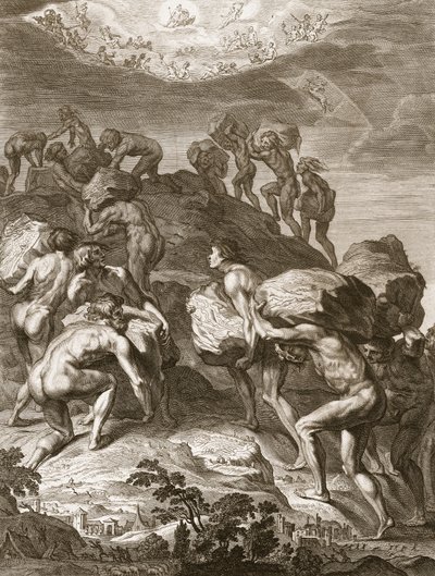 Os gigantes tentam escalar o céu empilhando montanhas em cima de outro, 1731 de Bernard Picart