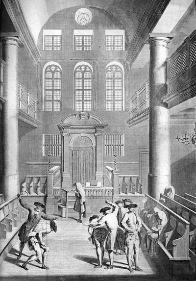 A Penitência dos Judeus Alemães na sua Sinagoga", açoitando o Yom Kippur, o Dia da Expiação - A cena provavelmente tem lugar em Amesterdão, numa sinagoga Ashkenazi (Flagellation on Yom Kippur, the Day of Atonement - The Penitence of the German Jew de Bernard Picart