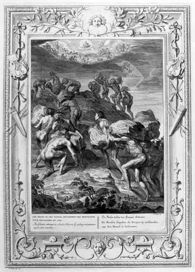 Os gigantes tentam escalar o céu empilhando montanhas umas sobre as outras, 1733 de Bernard Picart