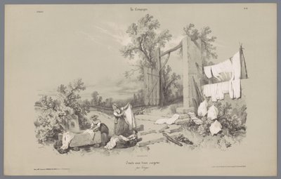 Duas mulheres e uma rapariga a lavar roupa no exterior
Representações da vida rural (título da série)
La Campagne. Études varieés aux deux Crayons (título da série sobre o objecto) de Bernard Romain Julien