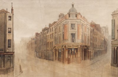 A coroa, canto da Great White Lion Street, agora Mercer Street, e Monmouth Street, Seven Dials, Londres (wc no papel) de Bernard Walter Evans