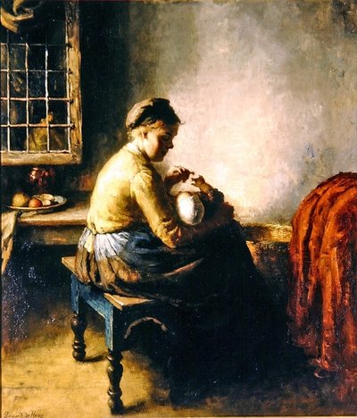 Mãe a amamentar o seu bebé (óleo sobre tela) de Bernard de Hoog