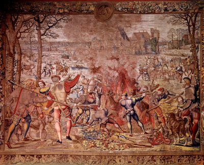 As caçadas de Maximilien chamadas "Belas caçadas de Guise": o mês de Janeiro, Aquarius, caça ao javali, flambee, curee - Tapeçaria feita nas oficinas flamengas por Bernard van Orley (Barend, Barent, Bernaert van Brussel de Bernard van (after) Orley