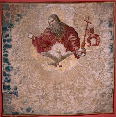 Tapeçaria flamenga. Série Dais of Charles V (Baldachin de Margaret da Áustria). Deus Pai e o Espírito Santo (El Padre Eterno y el Espíritu Santo). Tapeçaria baldaquino da dais. Modelo Bernard van Orley (1491-1542). Fabrico Pieter de Pannemaker, de Bernard van Orley
