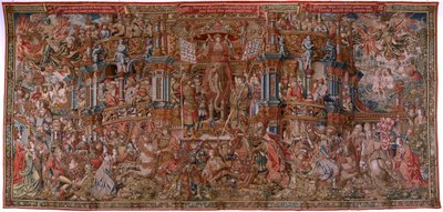 tapeçaria flamenga. Série As Honras. Fama (La Fama). Terceira tapeçaria da série. Cartunistas modelo do círculo de Bernard van Orley e Jan Gossaert (Mabuse). Fabricação Pieter van Aelst, Bruxelas. Ca 1550. Tecido Ouro, prata, seda e lã. de Bernard van Orley